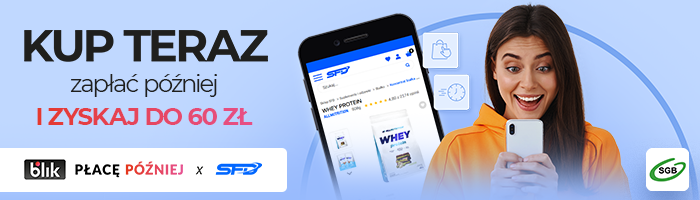 Grafika promocyjna BLIK płacę p&oacute;źniej po lewej stronie hasło "Kup teraz zapłać p&oacute;źniej i&nbsp;zyskaj 60 zł", po prawej stronie kobieta w&nbsp;pomrańczowej bluzie z&nbsp;uśmiechem na&nbsp;twarzy patrzy w&nbsp;telefon. Na dole grafiki logo BLIK, SGB, sklepu SFD.