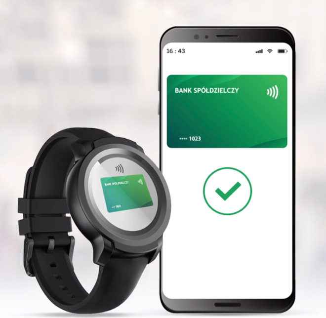 Grafika prezentująca płatności mobilnej - smartfon i&nbsp;zegarek